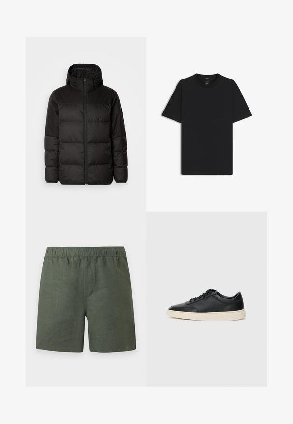 Sort pufferjakke med lynlås, hætte, quiltede sektioner og elastiske manchetter, lavet af et glat, vandafvisende materiale.; Sort kortærmet T-shirt lavet af en glat bomuldsblanding, med en rund halsudskæring og et minimalistisk design uden mønstre eller accenter.; Grønne hørshorts med elastisk taljebånd, lige pasform og sidelommer. Letvægtsstof med en glat tekstur.; Sort lavt top lædersneaker med sorte snørebånd og off-white sål vist i sideprofil på hvid baggrund.