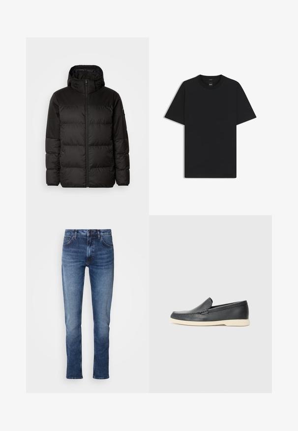 Musta puhvijakku sisältää vetoketjun, hupun, tilkuista koostuvia osioita ja joustavat hihansuut. Se on valmistettu sileästä, vedenpitävästä materiaalista.; Musta lyhythiha T-paita, joka on valmistettu sileästä puuvillasekoitteesta. Paita on varustettu pyöreällä pääntiehen ja siinä on minimaalinen muotoilu ilman kuvioita tai yksityiskohtia.; Farkut keskipunaisessa sinisessä, suoran lahkeen muotoilu, jossa on nappi- ja vetoketjukiinnitys, klassinen viiden taskun tyyli ja hienovaraisia haalistumisdetaljeja.; Mustat nahkakengät ilman nauhoja, joissa on teksturoitu pinta ja kontrastoiva beige kumipohja. Kengissä on hillitty yksityiskohta etuosassa.