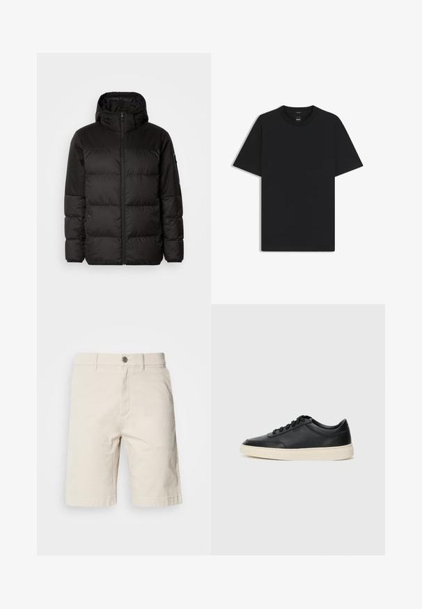Zwarte pufferjas met ritsluiting, een capuchon, gequiltte secties en elastische manchetten, gemaakt van een glad, waterafstotend materiaal.; Zwarte korte mouwen T-shirt van een gladde katoenmix, met een ronde halslijn en een minimalistisch ontwerp zonder patronen of accenten.; Beige katoenen shorts met een rechte pasvorm, voorzien van een voorste knoop- en ritsluiting, zijzakken en gestikte zoom.; Zwarte leren sneaker met lage schacht, zwarte veters en off-white zool, weergegeven in zijprofiel op een witte achtergrond.