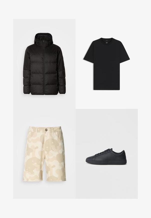 Black puffer jacket features a zip closure, a hood, quilted sections, and elastic cuffs, made from a smooth, water-resistant material.; Black short-sleeve T-shirt made from a smooth cotton blend, featuring a crew neckline and a minimalistic design with no patterns or accents.; Beige shorts with a cream camouflage pattern, featuring a button closure, belt loops, and pockets. Made from fabric with a smooth texture.; Black sneakers made of smooth leather with a low-top design, round toe, and flat rubber sole. Features laces and subtle branding.