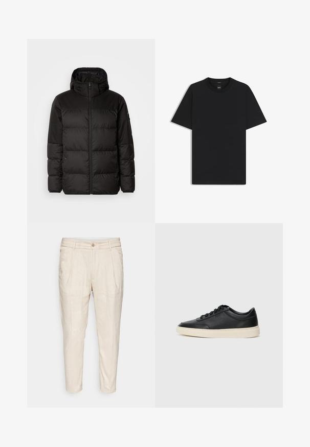 Schwarze Pufferjacke mit Reißverschluss, Kapuze, gesteppten Abschnitten und elastischen Bündchen, hergestellt aus einem glatten, wasserabweisenden Material.; Schwarz T-Shirt mit kurzen Ärmeln aus einem glatten Baumwollmix, mit Rundhalsausschnitt und einem minimalistischen Design ohne Muster oder Akzente.; Beige Leinenhosen mit einer leicht strukturierten Oberfläche, taillierter Passform, vorderen Falten und einem einzelnen Knopfverschluss an der Taille.; Schwarzer niedriger Ledersneaker mit schwarzen Schnürsenkeln und cremefarbenem Sohlenrand, seitlich auf weißem Hintergrund dargestellt.