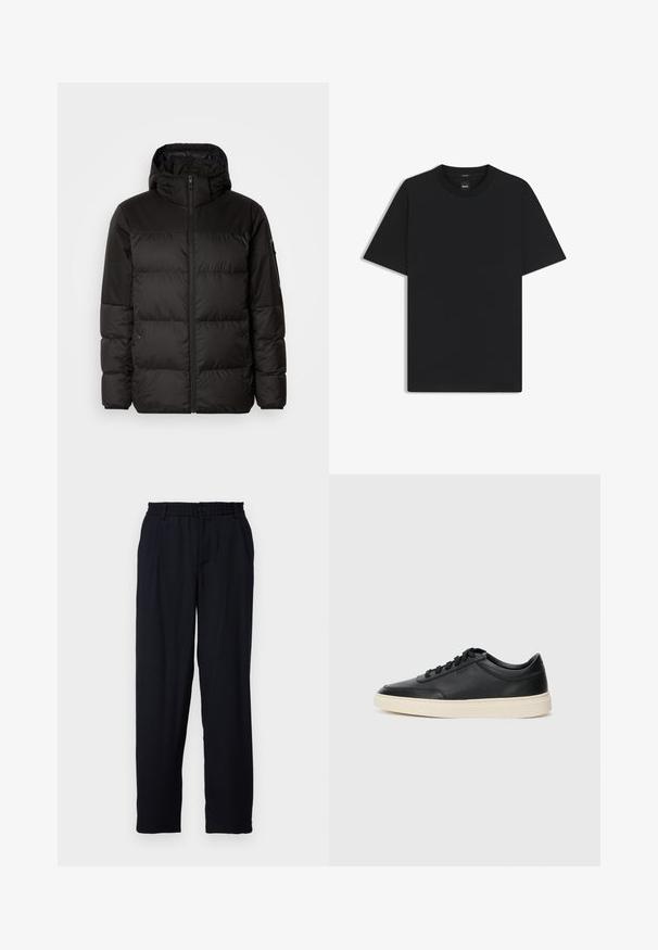 Zwarte pufferjas met ritsluiting, een capuchon, gequiltte secties en elastische manchetten, gemaakt van een glad, waterafstotend materiaal.; Zwarte korte mouwen T-shirt van een gladde katoenmix, met een ronde halslijn en een minimalistisch ontwerp zonder patronen of accenten.; Libertine-Libertine ALIVE - Broek - dark navy; Zwarte leren sneaker met lage schacht, zwarte veters en off-white zool, weergegeven in zijprofiel op een witte achtergrond.