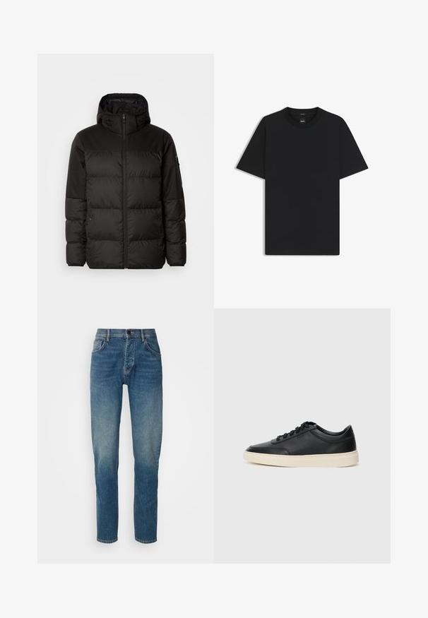 Czarna kurtka puchowa z zapięciem na zamek, kapturem, pikowanymi sekcjami i elastycznymi mankietami, wykonana z gładkiego, wodoodpornego materiału.; Czarny t-shirt krótki rękaw wykonany z gładkiej mieszanki bawełny, z okrągłym dekoltem i minimalistycznym designem bez wzorów czy akcentów.; Dżinsy w średnim niebieskim kolorze, o prostym kroju nogawki, pięcioma kieszeniami, suwakiem z przodu i zasuwanymi na guzik. Przyblakła faktura na udach.; Czarne niskie skórzane sneakersy z czarnymi sznurówkami i off-white podeszwą, prezentowane w profilu bocznym na białym tle.