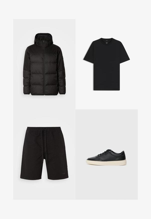 Sort pufferjakke med lynlås, hætte, quiltede sektioner og elastiske manchetter, lavet af et glat, vandafvisende materiale.; Sort kortærmet T-shirt lavet af en glat bomuldsblanding, med en rund halsudskæring og et minimalistisk design uden mønstre eller accenter.; Sorte badeshorts med en struktureret, ribbet mønster. Elastisk talje med snøre. Diskret branding på den nederste front. Ingen lommer.; Sort lavt top lædersneaker med sorte snørebånd og off-white sål vist i sideprofil på hvid baggrund.