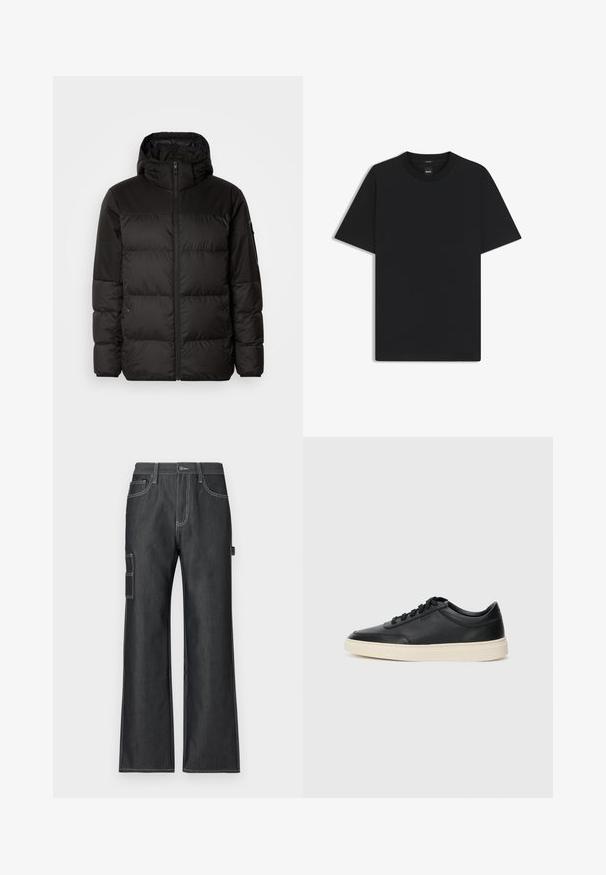 La doudoune noire est dotée d'une fermeture éclair, d'une capuche, de sections matelassées et de poignets élastiques, fabriquée à partir d'un matériau lisse et résistant à l'eau.; T-shirt noir à manches courtes en coton mélangé doux, avec un col rond et un design minimaliste sans motifs ni accents.; Pantalons cargo en denim foncé avec une coupe large, des coutures blanches contrastées, des poches latérales et une poche à rabat sur la jambe gauche.; Baskets en cuir noires à tiges basses avec lacets noirs et semelle ivoire, présentées en profil latéral sur fond blanc.