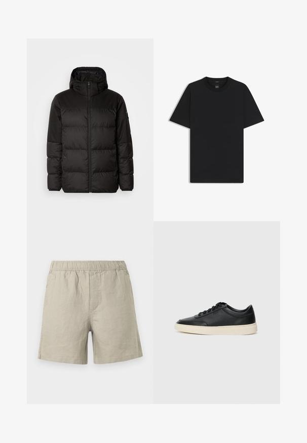 Schwarze Pufferjacke mit Reißverschluss, Kapuze, gesteppten Abschnitten und elastischen Bündchen, hergestellt aus einem glatten, wasserabweisenden Material.; Schwarz T-Shirt mit kurzen Ärmeln aus einem glatten Baumwollmix, mit Rundhalsausschnitt und einem minimalistischen Design ohne Muster oder Akzente.; Helle beigefarbene Leinen-Shorts mit elastischem Bund, ausgestattet mit einem geraden Schnitt und seitlichen Nahtdetails. Glatte, atmungsaktive Textur.; Schwarzer niedriger Ledersneaker mit schwarzen Schnürsenkeln und cremefarbenem Sohlenrand, seitlich auf weißem Hintergrund dargestellt.