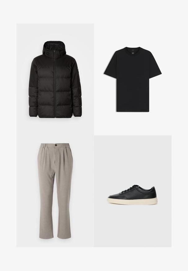 Schwarze Pufferjacke mit Reißverschluss, Kapuze, gesteppten Abschnitten und elastischen Bündchen, hergestellt aus einem glatten, wasserabweisenden Material.; Schwarz T-Shirt mit kurzen Ärmeln aus einem glatten Baumwollmix, mit Rundhalsausschnitt und einem minimalistischen Design ohne Muster oder Akzente.; Hellgraue Hose mit einer lockeren Passform, aus weichem Stoff, mit elastischem Bund, Falten und einem einzigen Knopfverschluss.; Schwarzer niedriger Ledersneaker mit schwarzen Schnürsenkeln und cremefarbenem Sohlenrand, seitlich auf weißem Hintergrund dargestellt.