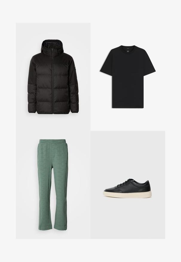Sort pufferjakke med lynlås, hætte, quiltede sektioner og elastiske manchetter, lavet af et glat, vandafvisende materiale.; Sort kortærmet T-shirt lavet af en glat bomuldsblanding, med en rund halsudskæring og et minimalistisk design uden mønstre eller accenter.; Grønne bukser med et tekstureret geometrisk mønster, der har en strækbar talje og en let flare i bunden.; Sort lavt top lædersneaker med sorte snørebånd og off-white sål vist i sideprofil på hvid baggrund.