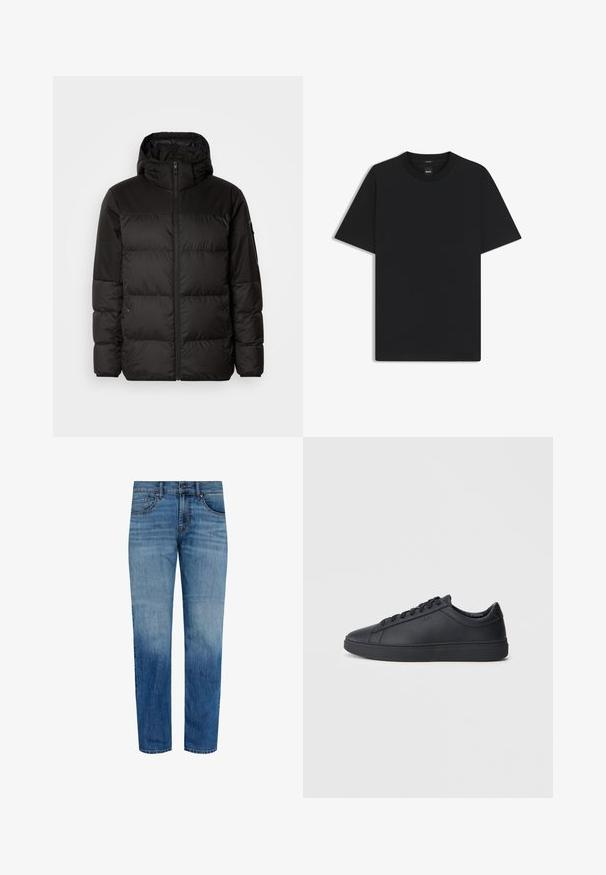 Czarna kurtka puchowa z zapięciem na zamek, kapturem, pikowanymi sekcjami i elastycznymi mankietami, wykonana z gładkiego, wodoodpornego materiału.; Czarny t-shirt krótki rękaw wykonany z gładkiej mieszanki bawełny, z okrągłym dekoltem i minimalistycznym designem bez wzorów czy akcentów.; Jasnoniebieskie dżinsy z prostymi nogawkami, z efektami blaknięcia, pięcioma kieszeniami i klasycznym pasem zapinanym na guzik.; Czarne trampki wykonane z gładkiej skóry, w niskim kroju, z okrągłym noskiem i płaską gumową podeszwą. Posiadają sznurówki oraz dyskretną markę.