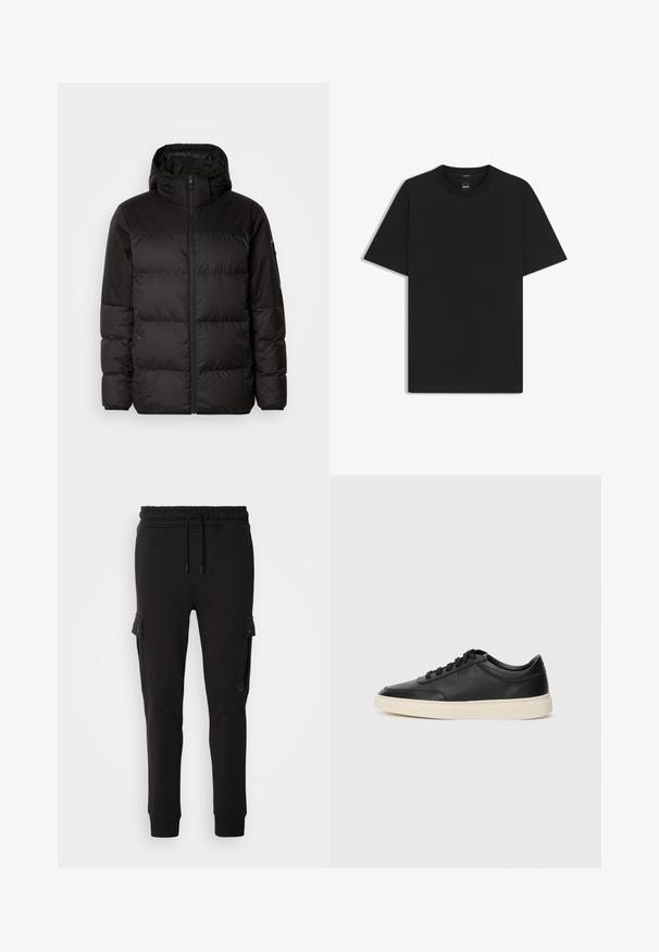 Zwarte pufferjas met ritsluiting, een capuchon, gequiltte secties en elastische manchetten, gemaakt van een glad, waterafstotend materiaal.; Zwarte korte mouwen T-shirt van een gladde katoenmix, met een ronde halslijn en een minimalistisch ontwerp zonder patronen of accenten.; Zwarte joggingsbroek van zachte stof, met een trekkoord in de taille, zijvakken en aansluitende manchetten. Gladde textuur en eenvoudig ontwerp.; Zwarte leren sneaker met lage schacht, zwarte veters en off-white zool, weergegeven in zijprofiel op een witte achtergrond.