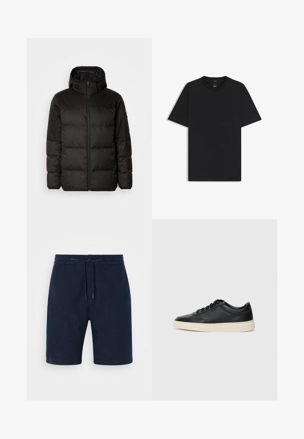 Sort pufferjakke med lynlås, hætte, quiltede sektioner og elastiske manchetter, lavet af et glat, vandafvisende materiale.; Sort kortærmet T-shirt lavet af en glat bomuldsblanding, med en rund halsudskæring og et minimalistisk design uden mønstre eller accenter.; Mørkeblå shorts lavet af blødt stof, med elastisk talje og snor, sidelommer og lige ben.; Sort lavt top lædersneaker med sorte snørebånd og off-white sål vist i sideprofil på hvid baggrund.