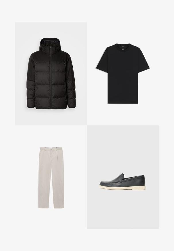 Svart puffjacka med blixtlås, huva, quiltade sektioner och elastiska mudd, tillverkad av ett slätt, vattentåligt material.; Svart kortärmad T-shirt i en mjuk bomullsblandning, med rundad halsringning och en minimalistisk design utan mönster eller detaljer.; Ljusbeiga byxor i mjukt tyg, med rak passform, två sidofickor och en framknäppning. Lätta och släta i texturen.; Svarta läder slip-on loafers med en texturerad yta och en kontrasterande beige gummisula. Har en subtil accent längs fram.