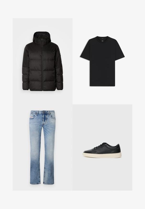 Svart puffjacka med blixtlås, huva, quiltade sektioner och elastiska mudd, tillverkad av ett slätt, vattentåligt material.; Svart kortärmad T-shirt i en mjuk bomullsblandning, med rundad halsringning och en minimalistisk design utan mönster eller detaljer.; Ljust blå denimjeans med raka ben, försedda med framfickor, dragkedja och subtil blekning över hela tyget.; Svart låg skor i läder med svarta snören och off-white sula, visas i sidoprofil på vit bakgrund.