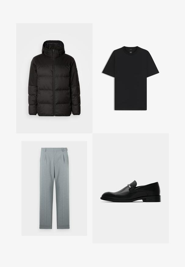 Svart puffjacka med blixtlås, huva, quiltade sektioner och elastiska mudd, tillverkad av ett slätt, vattentåligt material.; Svart kortärmad T-shirt i en mjuk bomullsblandning, med rundad halsringning och en minimalistisk design utan mönster eller detaljer.; Ljust grå byxor i ett strukturerat tyg med raka ben, enkelveck och uppvikta fållar. Minimalistisk och skräddarsydd design.; Svart läder herresko i loafer-stil med metallspänne, låg klack och märkessula, visad från sidan på en vit bakgrund.