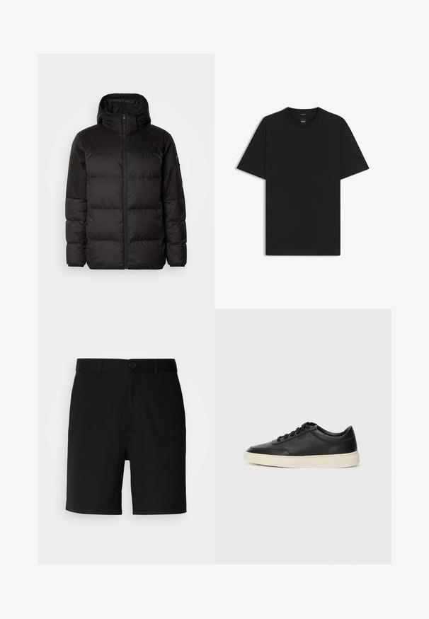 Sort pufferjakke med lynlås, hætte, quiltede sektioner og elastiske manchetter, lavet af et glat, vandafvisende materiale.; Sort kortærmet T-shirt lavet af en glat bomuldsblanding, med en rund halsudskæring og et minimalistisk design uden mønstre eller accenter.; Sorte shorts lavet af glat stof, med en enkelt knaplukning og bæltestropper, lige benåbninger og uden synlige mønstre.; Sort lavt top lædersneaker med sorte snørebånd og off-white sål vist i sideprofil på hvid baggrund.
