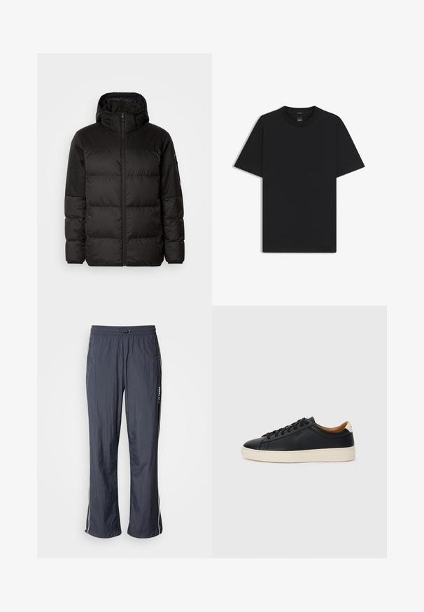 Schwarze Pufferjacke mit Reißverschluss, Kapuze, gesteppten Abschnitten und elastischen Bündchen, hergestellt aus einem glatten, wasserabweisenden Material.; Schwarz T-Shirt mit kurzen Ärmeln aus einem glatten Baumwollmix, mit Rundhalsausschnitt und einem minimalistischen Design ohne Muster oder Akzente.; Navyblaue, leichte Jogginghosen mit einem elastischen Bund, seitlichen Taschen und weißen Akzentstreifen an den Seiten. Glatte Textur.; Schwarze Ledersneaker mit glatter Textur, beiger Gummisohle, Schnürdesign und einem kontrastierenden Fersenakzent.