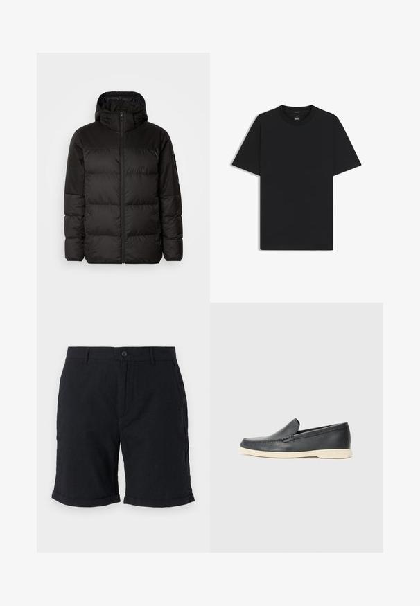 Zwarte pufferjas met ritsluiting, een capuchon, gequiltte secties en elastische manchetten, gemaakt van een glad, waterafstotend materiaal.; Zwarte korte mouwen T-shirt van een gladde katoenmix, met een ronde halslijn en een minimalistisch ontwerp zonder patronen of accenten.; Zwarte linnen shorts met een knoopsluiting, voorzien van opgerolde zomen en zijzakken, die een textuur bieden en een casual ontwerp hebben.; Zwarte leren instappers met een gestructureerde afwerking en een contrasterende beige rubberen zool. Beschikt over een subtiele accent langs de voorkant.