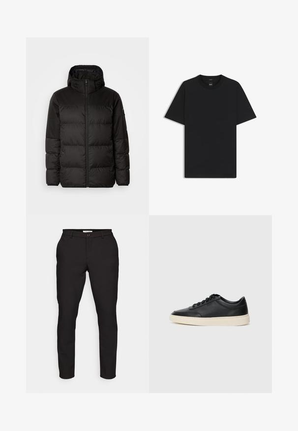 Sort pufferjakke med lynlås, hætte, quiltede sektioner og elastiske manchetter, lavet af et glat, vandafvisende materiale.; Sort kortærmet T-shirt lavet af en glat bomuldsblanding, med en rund halsudskæring og et minimalistisk design uden mønstre eller accenter.; Sorte skræddersyede bukser med slim fit. Har lynlås, knaplukning, sidelommer og et glat, let stof.; Sort lavt top lædersneaker med sorte snørebånd og off-white sål vist i sideprofil på hvid baggrund.