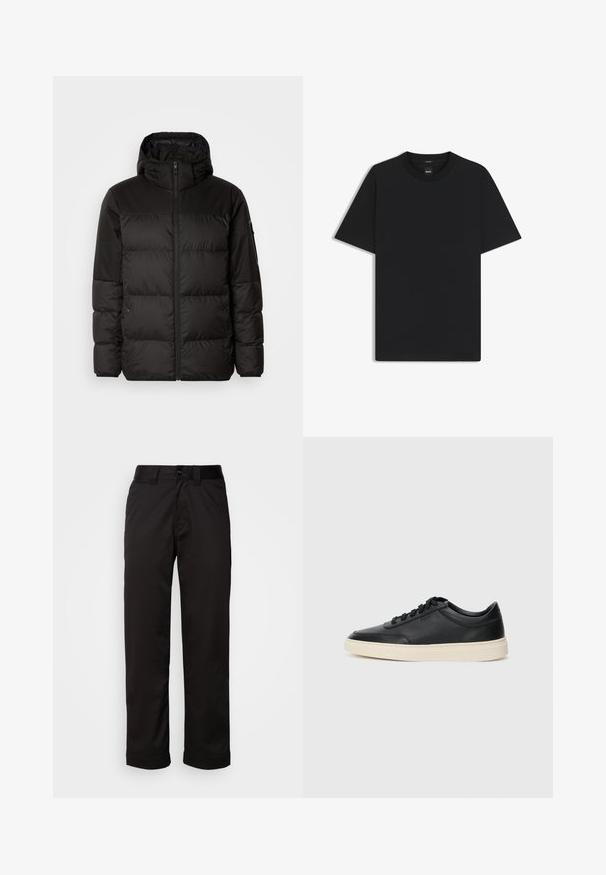 Musta puhvijakku sisältää vetoketjun, hupun, tilkuista koostuvia osioita ja joustavat hihansuut. Se on valmistettu sileästä, vedenpitävästä materiaalista.; Musta lyhythiha T-paita, joka on valmistettu sileästä puuvillasekoitteesta. Paita on varustettu pyöreällä pääntiehen ja siinä on minimaalinen muotoilu ilman kuvioita tai yksityiskohtia.; Mustat housut, jotka on valmistettu sileästä kankaasta. Ne sisältävät vetoketjukiinnityksen, napin sulkemisen sekä käärityt lahkeet rentoa muotoilua varten.; Musta matalavartinen nahkastretchu, jossa on mustat nauhat ja vaaleanharmaa pohja, esitetty sivuprofiilissa valkoista taustaa vasten.