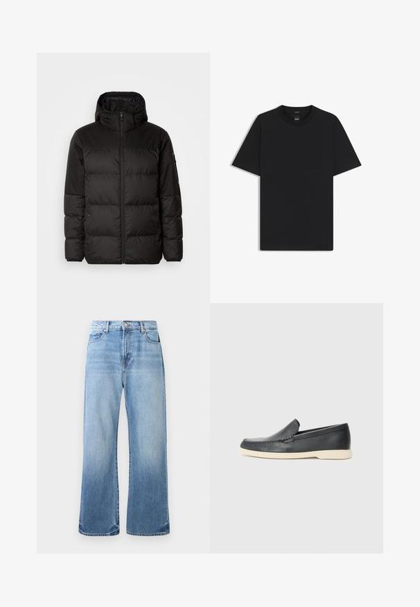 Zwarte pufferjas met ritsluiting, een capuchon, gequiltte secties en elastische manchetten, gemaakt van een glad, waterafstotend materiaal.; Zwarte korte mouwen T-shirt van een gladde katoenmix, met een ronde halslijn en een minimalistisch ontwerp zonder patronen of accenten.; Lichtblauwe denim jeans met een rechte pijp, vervaagd uiterlijk, vijf-pocket stijl en contrasterende stiksels. Versleten zoomdetails.; Zwarte leren instappers met een gestructureerde afwerking en een contrasterende beige rubberen zool. Beschikt over een subtiele accent langs de voorkant.