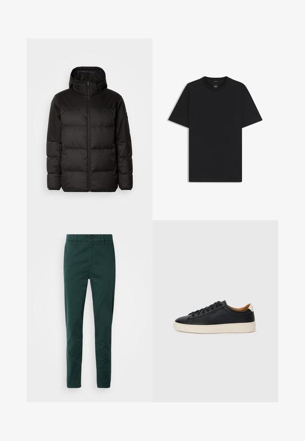 Zwarte pufferjas met ritsluiting, een capuchon, gequiltte secties en elastische manchetten, gemaakt van een glad, waterafstotend materiaal.; Zwarte korte mouwen T-shirt van een gladde katoenmix, met een ronde halslijn en een minimalistisch ontwerp zonder patronen of accenten.; Donkergroene chino's van katoen, met een rechte snit, voorzakken, een ritsgulp en een bruine knop bij de taille.; Zwarte leren sneakers met een gladde textuur, beige rubberen zool, vetersluiting en een contrasterende hielaccent.