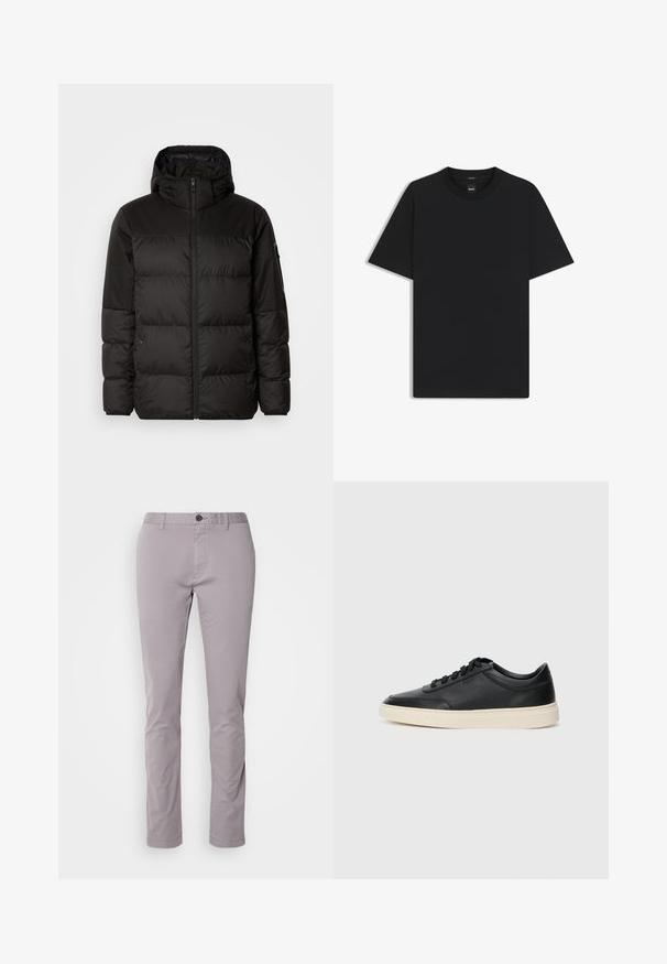Zwarte pufferjas met ritsluiting, een capuchon, gequiltte secties en elastische manchetten, gemaakt van een glad, waterafstotend materiaal.; Zwarte korte mouwen T-shirt van een gladde katoenmix, met een ronde halslijn en een minimalistisch ontwerp zonder patronen of accenten.; Lichtgrijze katoenen broek met een slim fit, vlakke voorkant en enkele knoopsluiting. Heeft strakke lijnen en minimale detailing.; Zwarte leren sneaker met lage schacht, zwarte veters en off-white zool, weergegeven in zijprofiel op een witte achtergrond.
