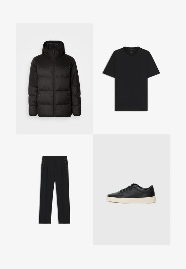 Sort pufferjakke med lynlås, hætte, quiltede sektioner og elastiske manchetter, lavet af et glat, vandafvisende materiale.; Sort kortærmet T-shirt lavet af en glat bomuldsblanding, med en rund halsudskæring og et minimalistisk design uden mønstre eller accenter.; Sorte skræddersyede bukser med høj talje, læg og hvide stikninger på frontlommerne. Glat stof med en lige ben-design.; Sort lavt top lædersneaker med sorte snørebånd og off-white sål vist i sideprofil på hvid baggrund.