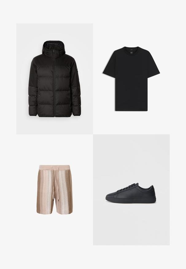 Schwarze Pufferjacke mit Reißverschluss, Kapuze, gesteppten Abschnitten und elastischen Bündchen, hergestellt aus einem glatten, wasserabweisenden Material.; Schwarz T-Shirt mit kurzen Ärmeln aus einem glatten Baumwollmix, mit Rundhalsausschnitt und einem minimalistischen Design ohne Muster oder Akzente.; Beige gestrickte Schwimmshorts mit horizontalen Streifen in helleren Schattierungen, elastischem Bund mit Kordelzug und strukturiertem Stoff.; Schwarze Sneaker aus glattem Leder mit einem tiefen Design, runder Zehenform und flacher Gummi-Sohle. Mit Schnürsenkeln und dezentem Branding.