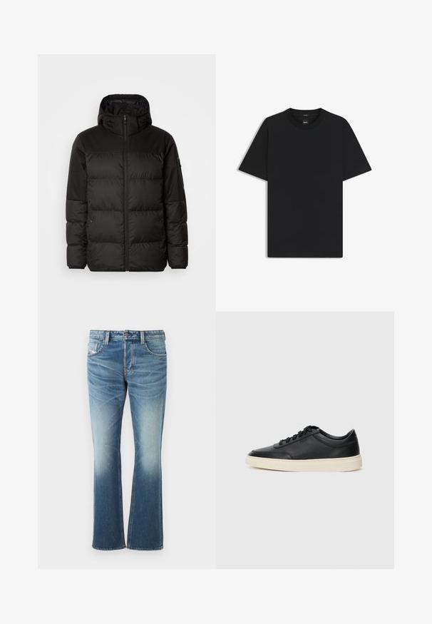 Svart puffjacka med blixtlås, huva, quiltade sektioner och elastiska mudd, tillverkad av ett slätt, vattentåligt material.; Svart kortärmad T-shirt i en mjuk bomullsblandning, med rundad halsringning och en minimalistisk design utan mönster eller detaljer.; Blå denimjeans med en utsvängd design, med en blekt tvätt, fem fickor och kontrasterande sömmar. Knäppning med knapp vid midjan.; Svart låg skor i läder med svarta snören och off-white sula, visas i sidoprofil på vit bakgrund.