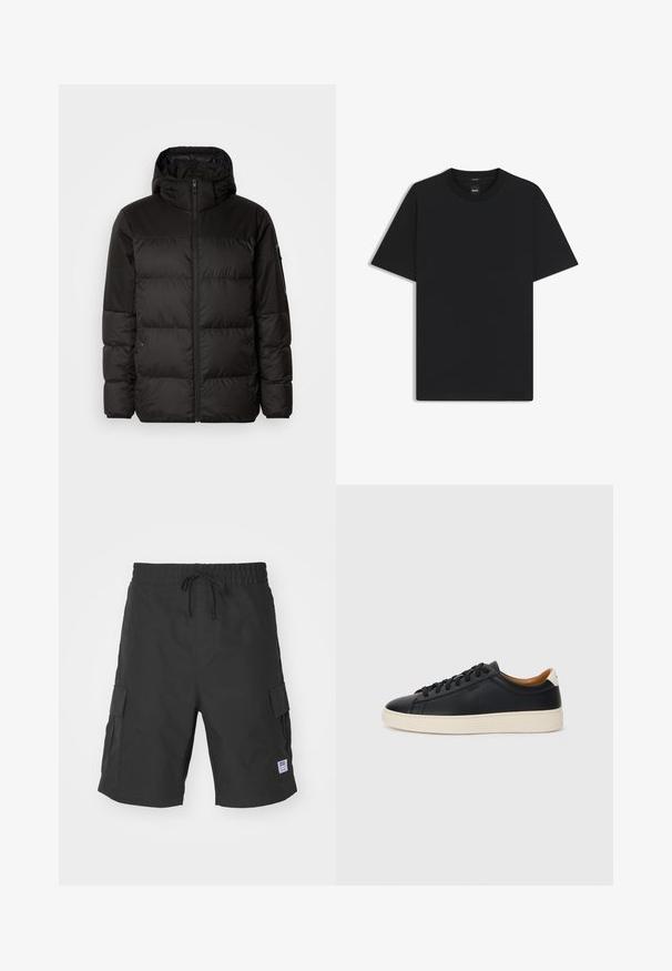 Zwarte pufferjas met ritsluiting, een capuchon, gequiltte secties en elastische manchetten, gemaakt van een glad, waterafstotend materiaal.; Zwarte korte mouwen T-shirt van een gladde katoenmix, met een ronde halslijn en een minimalistisch ontwerp zonder patronen of accenten.; Zwarte cargoshorts van duurzaam materiaal, met een elastische tailleband met trekkoord, zijzakken en een patchlabelaccent.; Zwarte leren sneakers met een gladde textuur, beige rubberen zool, vetersluiting en een contrasterende hielaccent.