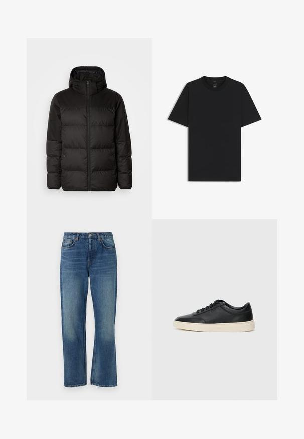 Musta puhvijakku sisältää vetoketjun, hupun, tilkuista koostuvia osioita ja joustavat hihansuut. Se on valmistettu sileästä, vedenpitävästä materiaalista.; Musta lyhythiha T-paita, joka on valmistettu sileästä puuvillasekoitteesta. Paita on varustettu pyöreällä pääntiehen ja siinä on minimaalinen muotoilu ilman kuvioita tai yksityiskohtia.; Sinisiä farkkuhousuja, joissa on suora leikkaus, klassinen viiden taskun muotoilu, haalistunut pinta ja kuparisia niittikoristeita.; Musta matalavartinen nahkastretchu, jossa on mustat nauhat ja vaaleanharmaa pohja, esitetty sivuprofiilissa valkoista taustaa vasten.