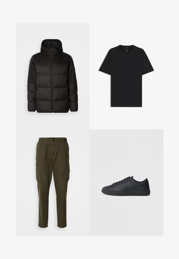 Czarna kurtka puchowa z zapięciem na zamek, kapturem, pikowanymi sekcjami i elastycznymi mankietami, wykonana z gładkiego, wodoodpornego materiału.; Czarny t-shirt krótki rękaw wykonany z gładkiej mieszanki bawełny, z okrągłym dekoltem i minimalistycznym designem bez wzorów czy akcentów.; Spodnie cargo w oliwkowym zielonym kolorze z mieszanki bawełny, z licznymi bocznymi kieszeniami, prostym krojem oraz przeszyciami wzdłuż pasa.; Czarne trampki wykonane z gładkiej skóry, w niskim kroju, z okrągłym noskiem i płaską gumową podeszwą. Posiadają sznurówki oraz dyskretną markę.