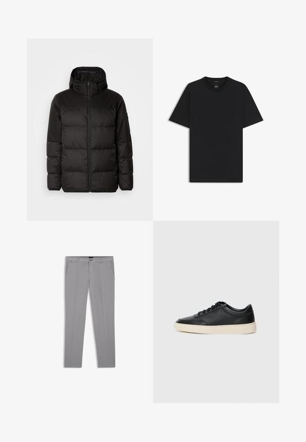 Musta puhvijakku sisältää vetoketjun, hupun, tilkuista koostuvia osioita ja joustavat hihansuut. Se on valmistettu sileästä, vedenpitävästä materiaalista.; Musta lyhythiha T-paita, joka on valmistettu sileästä puuvillasekoitteesta. Paita on varustettu pyöreällä pääntiehen ja siinä on minimaalinen muotoilu ilman kuvioita tai yksityiskohtia.; Harmaat housut, jotka on valmistettu sileästä kankaasta, suoran lahjen muotoilulla, etupleeteillä ja sivutaskuilla. Minimalistinen tyyli nappikiinnityksellä.; Musta matalavartinen nahkastretchu, jossa on mustat nauhat ja vaaleanharmaa pohja, esitetty sivuprofiilissa valkoista taustaa vasten.