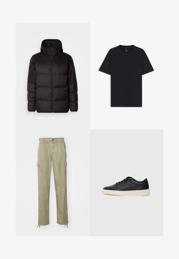 Schwarze Pufferjacke mit Reißverschluss, Kapuze, gesteppten Abschnitten und elastischen Bündchen, hergestellt aus einem glatten, wasserabweisenden Material.; Schwarz T-Shirt mit kurzen Ärmeln aus einem glatten Baumwollmix, mit Rundhalsausschnitt und einem minimalistischen Design ohne Muster oder Akzente.; Khakifarbenes Cargo-Hose aus Baumwolle, mit einem elastischen Bund, zwei seitlichen Taschen und Kordeln an den Knöcheln.; Schwarzer niedriger Ledersneaker mit schwarzen Schnürsenkeln und cremefarbenem Sohlenrand, seitlich auf weißem Hintergrund dargestellt.