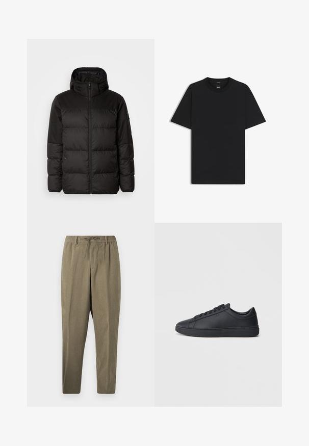 Il giubbotto puffo nero presenta una chiusura con zip, un cappuccio, sezioni trapuntate e polsini elastici, realizzato in un materiale liscio e resistente all'acqua.; Maglietta nera a maniche corte realizzata in un morbido misto cotone, con scollatura a girocollo e un design minimalista senza motivi o dettagli.; Pantaloni in corduroy taupe con vita elasticizzata, passanti per cintura e cordoncino, taglio dritto su sfondo bianco semplice.; Sneakers neri realizzati in pelle liscia, con design a bassa cima, punta rotonda e suola piatta in gomma. Presentano lacci e un branding discreto.