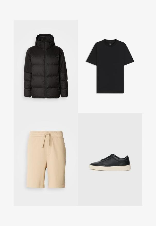 Black puffer jacket features a zip closure, a hood, quilted sections, and elastic cuffs, made from a smooth, water-resistant material.; Black short-sleeve T-shirt made from a smooth cotton blend, featuring a crew neckline and a minimalistic design with no patterns or accents.; Beige cotton blend shorts with an elastic waistband, drawstring detail, side pocket, and straight leg cut. Smooth texture and simple design.; Black low-top leather sneaker with black laces and off-white sole shown in side profile on white background.