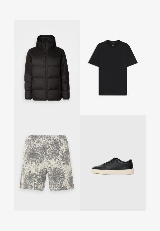 Black puffer jacket features a zip closure, a hood, quilted sections, and elastic cuffs, made from a smooth, water-resistant material.; Black short-sleeve T-shirt made from a smooth cotton blend, featuring a crew neckline and a minimalistic design with no patterns or accents.; Knit shorts in cream and black with a textured, abstract pattern. Elastic waistband provides comfort and ease of wear.; Black low-top leather sneaker with black laces and off-white sole shown in side profile on white background.