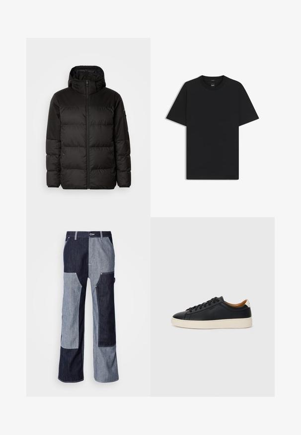 La doudoune noire est dotée d'une fermeture éclair, d'une capuche, de sections matelassées et de poignets élastiques, fabriquée à partir d'un matériau lisse et résistant à l'eau.; T-shirt noir à manches courtes en coton mélangé doux, avec un col rond et un design minimaliste sans motifs ni accents.; Pantalon en denim avec un design en patchwork dans différentes nuances de bleu foncé et clair, avec des coutures contrastées et des jambes larges et droites.; Baskets en cuir noir avec une texture lisse, semelle en caoutchouc beige, design à lacets et accent de talon contrasté.