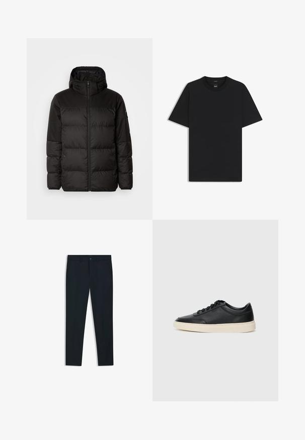 Svart puffjacka med blixtlås, huva, quiltade sektioner och elastiska mudd, tillverkad av ett slätt, vattentåligt material.; Svart kortärmad T-shirt i en mjuk bomullsblandning, med rundad halsringning och en minimalistisk design utan mönster eller detaljer.; Marina blå, skräddarsydda byxor i slät tyg; har framfickor, bälteslänger och knäppning med knapp. Raka ben.; Svart låg skor i läder med svarta snören och off-white sula, visas i sidoprofil på vit bakgrund.