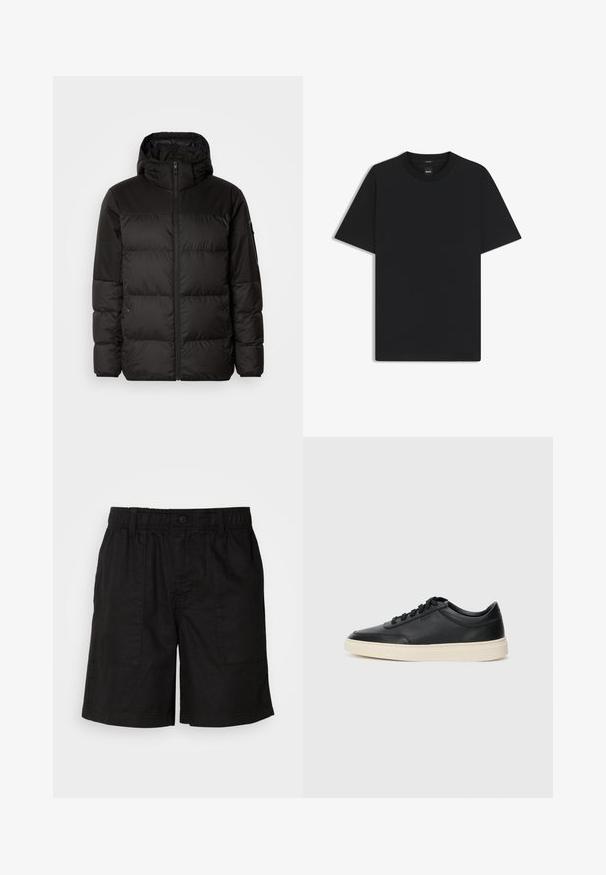 Svart puffjacka med blixtlås, huva, quiltade sektioner och elastiska mudd, tillverkad av ett slätt, vattentåligt material.; Svart kortärmad T-shirt i en mjuk bomullsblandning, med rundad halsringning och en minimalistisk design utan mönster eller detaljer.; Svarta shorts med elastisk midja och knäppning. Har två stora sidofickor med ett texturerat tyg. Avslappnad design.; Svart låg skor i läder med svarta snören och off-white sula, visas i sidoprofil på vit bakgrund.