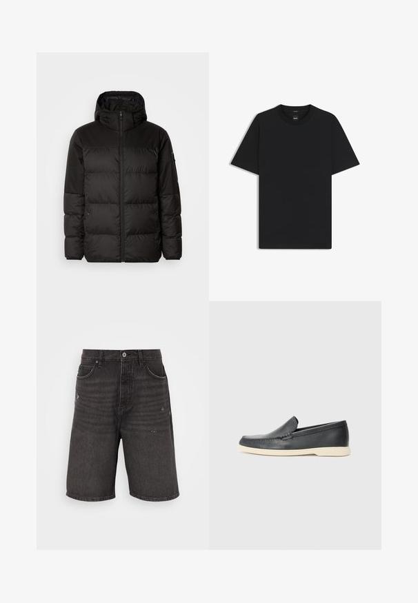 Schwarze Pufferjacke mit Reißverschluss, Kapuze, gesteppten Abschnitten und elastischen Bündchen, hergestellt aus einem glatten, wasserabweisenden Material.; Schwarz T-Shirt mit kurzen Ärmeln aus einem glatten Baumwollmix, mit Rundhalsausschnitt und einem minimalistischen Design ohne Muster oder Akzente.; Schwarze Jeansshorts mit lockerer Passform, die über Fronttaschen, eine gebraucht aussehende Textur und einen klassischen Bund mit einem einzelnen Knopfverschluss verfügen.; Schwarze Leder-Slipper mit strukturiertem Finish und einer kontrastierenden beige Gummisohle. Mit einem dezenten Akzent an der Vorderseite.