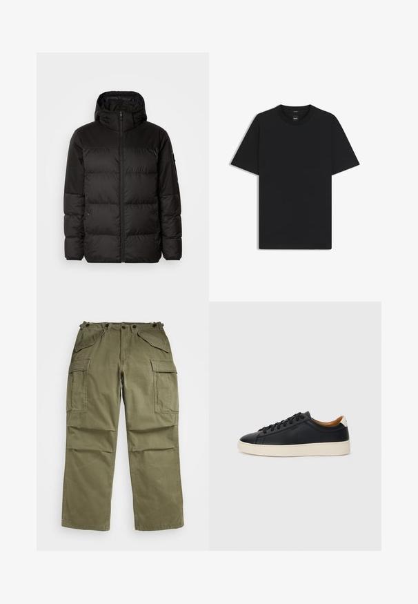 Black puffer jacket features a zip closure, a hood, quilted sections, and elastic cuffs, made from a smooth, water-resistant material.; Black short-sleeve T-shirt made from a smooth cotton blend, featuring a crew neckline and a minimalistic design with no patterns or accents.; Olive green cargo pants made of textured fabric, featuring multiple front and side pockets and reinforced stitching on seams.; Black leather sneakers with a smooth texture, beige rubber sole, lace-up design, and a contrasting heel accent.