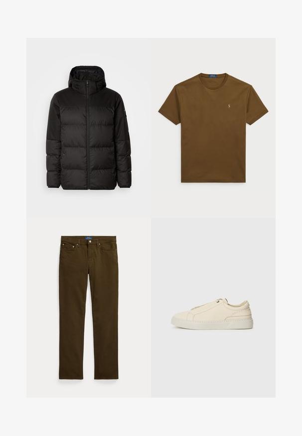 A jaqueta puffer preta apresenta um fecho zip, um capuz, secções acolchoadas e punhos elásticos, confeccionada em um material liso e resistente à água.; T-shirt de algodão castanho com decote redondo, mangas curtas e um pequeno logótipo bordado no peito. Textura suave, design casual.; Jeans de algodão castanhos com corte de perna reta, com fecho de correr, dois bolsos frontais e etiqueta de marca na cintura.; Sneakers de pele bege com biqueira arredondada, design minimalista, detalhes de costura subtis e parte superior texturizada, em sola clara.
