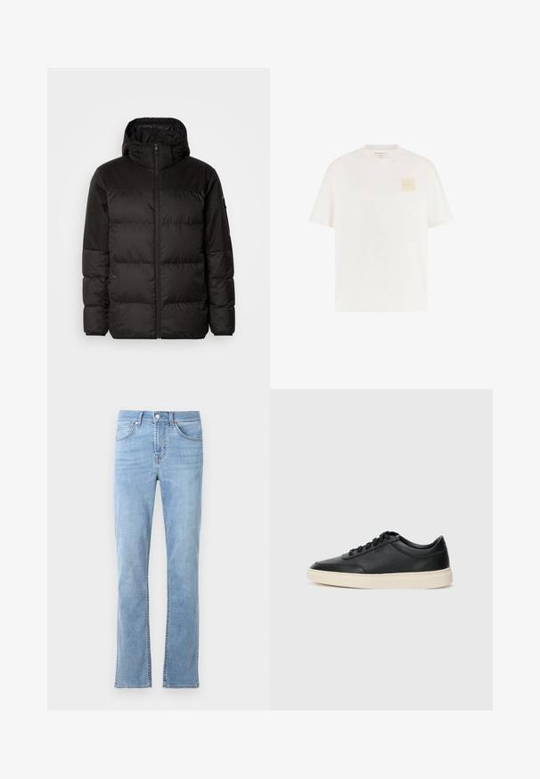 Črna zimska jakna ima zadrgo, kapuco, prešite odseke in elastične manšete, izdelana je iz gladkega, vodoodpornega materiala.; Bela bombažna majica s kratkimi rokavi, krožnim izrezom in kvadratno bež logotipno nalepko na levem prsnem delu. Gladka tekstura, udoben kroj.; Svetlo modri, ravni jean hlače iz bombažnega denima. Imajo pet žepov, sprednje zapiranje na gumb in diskretne šive.; Črne nizke usnjene teniske s črnimi vezalkami in svetlo belo podplatom, prikazane v stranskem profilu na beli podlagi.