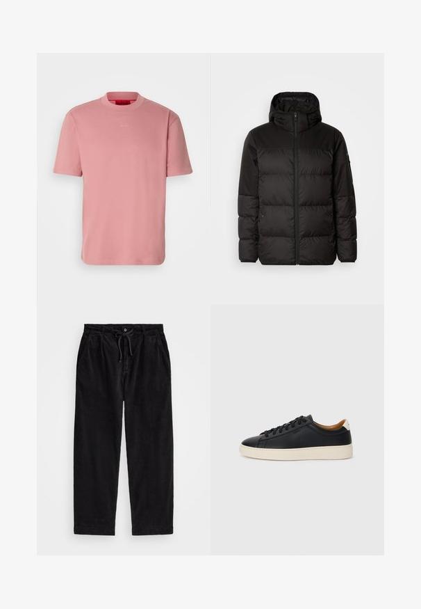 Mustikas puffer-jakk sisaldab tõmblukku, kapuutsi, tikandiga osi ja elastseid mansette, valmistatud siledast veekindlast materjalist.; Roosa puuvillane T-särk ümmarguse kaelusega, lühikeste varrukatega ja väikese valge logo "HUGO" keskel rinnas. Sile tekstuur.; Mustreeritud mustad korduroypassid, millel on vabalt langev lõige, elastse vöökoha ja nööriga, ning küljetaskud. Kangas on ribakujuline.; Mustad nahast tennised sujuva pindadega, beež kummist tallaga, paelaga kinnitamine ja kontrastse kanna aktsendiga.