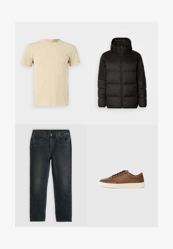 Μαύρο μπουφάν με φερμουάρ, κουκούλα, παραγεμισμένα τμήματα και ελαστικές μανσέτες, κατασκευασμένο από λείο, αδιάβροχο υλικό.; Μπεζ βαμβακερό T-shirt με στρογγυλή λαιμόκοψη, κοντά μανίκια και μικρό λογότυπο κόκκινου τριγώνου στο αριστερό μέρος του στήθους. Απλός σχεδιασμός, μαλακή υφή.; Σκούρα μπλε τζιν παντελόνια με κανονική εφαρμογή, διαθέτοντας πέντε τσέπες, φερμουάρ και αντίθετη ραφή. Υπάρχει διακριτική φθορά στο ύφασμα.; Καφέ δερμάτινο αθλητικό παπούτσι με αθλητική υφή, σχέδιο με κορδόνια και αντίθετη λευκή καουτσούκ σόλα. Μινιμαλιστική σήμανση στο πλάι.