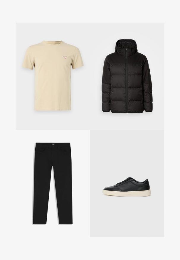 Zwarte pufferjas met ritsluiting, een capuchon, gequiltte secties en elastische manchetten, gemaakt van een glad, waterafstotend materiaal.; Beige katoenen t-shirt met een ronde hals, korte mouwen en een klein rood driehoeklogo op de linkerkant van de borst. Eenvoudig ontwerp, zachte textuur.; Zwarte denim broek met een rechte snit, voorzien van een standaard tailleband, vijf zakken en een knoopsluiting. Gladde textuur overal.; Zwarte leren sneaker met lage schacht, zwarte veters en off-white zool, weergegeven in zijprofiel op een witte achtergrond.