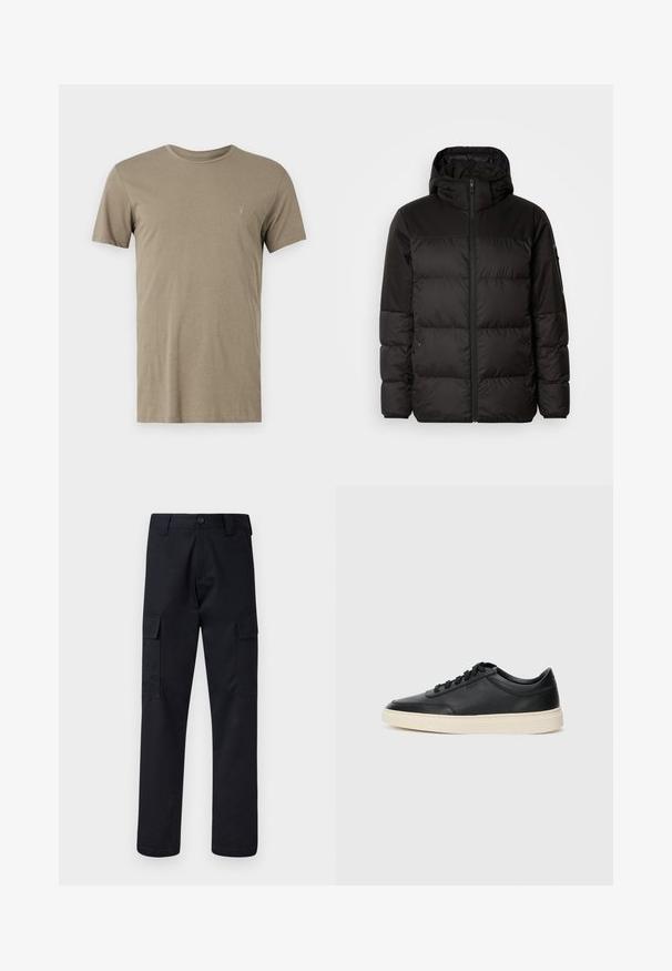 Juodas pūkinis švarkas turi užtrauktuką, gobtuvą, siūlinčius skyrius ir elastinius rankogalius, pagamintas iš lygaus, vandeniui atsparaus medžiagos.; Kakijos spalvos trumpomis rankovėmis marškinėliai, pagaminti iš minkštos medžiagos, su apvalia kaklo iškirpte ir maža siuvinėta logo kairėje krūtinės pusėje.; Juodi cargo kelnės, pagamintos iš tvirto audinio, su tiesiu kirpimu, dviem šoninėmis kišenėmis ir mygtukiniu užsegimu juosmenyje.; Juoda žema viršutinė odinė sportbačiai su juodais raišteliais ir kreminiu padu, pateikti šoniniame profilyje ant baltos fono.