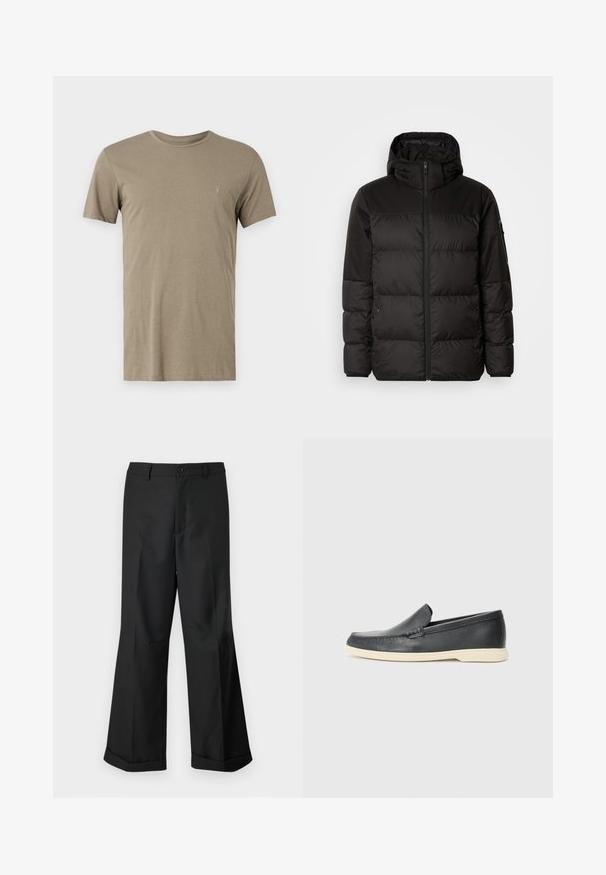 Μαύρο μπουφάν με φερμουάρ, κουκούλα, παραγεμισμένα τμήματα και ελαστικές μανσέτες, κατασκευασμένο από λείο, αδιάβροχο υλικό.; Χακί κοντομάνικη μπλούζα φτιαγμένη από μαλακό ύφασμα, με στρογγυλή λαιμόκοψη και ένα μικρό κεντητό λογότυπο στο αριστερό στήθος.; Μαύρο παντελόνι φαρδιάς γραμμής με κουμπωτή μέση και ανοιγμένα στρίφωμα, τοποθετημένο σε λευκό φόντο.; Μαύρες δερμάτινες loafers με σχέδιο και αντίθετη μπεζ καουτσούκ σόλα. Διαθέτουν μια διακριτική λεπτομέρεια κατά μήκος του εμπρός μέρους.