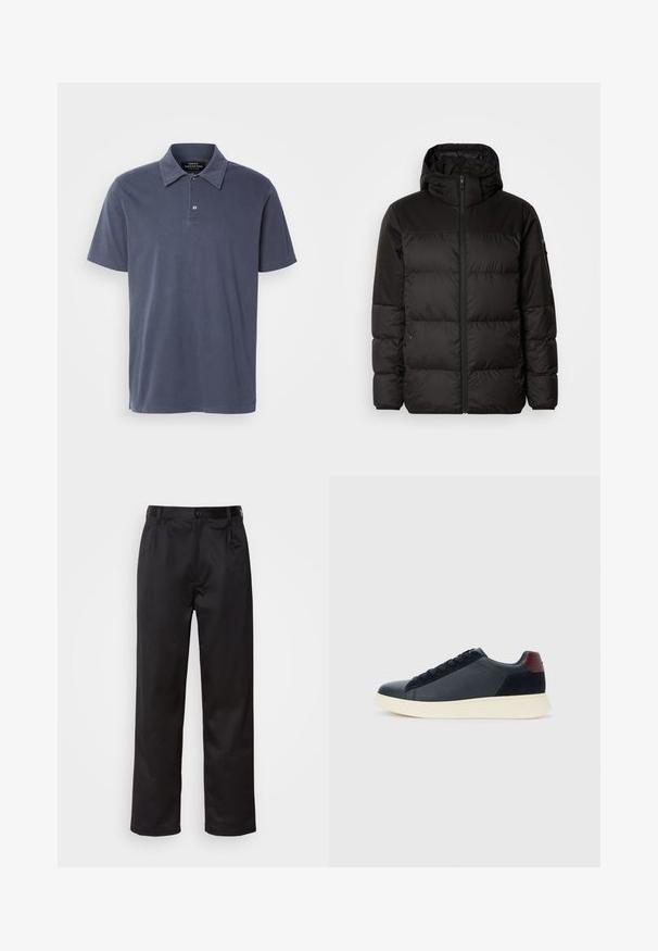 Melna pūkainā jakā iezīmes ir rāvējslēdzēja aizdare, kapuce, kvadrātveida šuves un elastīgas aproces, izgatavota no gludas, ūdensizturīgas vielas.; Jūras zilas īsām piedurknēm polo krekls, izgatavots no mīksta auduma, ar klasisku apkakli, divu pogu aizdari un smalkiem sānu izgriezumiem.; Melnas bikses, kas izgatavotas no gludas auduma, ar priekšējo pogu aizdari, krokām un taisnām kājām. Nav redzamu rakstu vai akcentu.; Zemāko vīriešu sporta apavu modelis melnā ādas un zamša apdarē ar bordo krāsas papēža cilpu un baltu gumijas zoli, skatoties no ārējās puses.